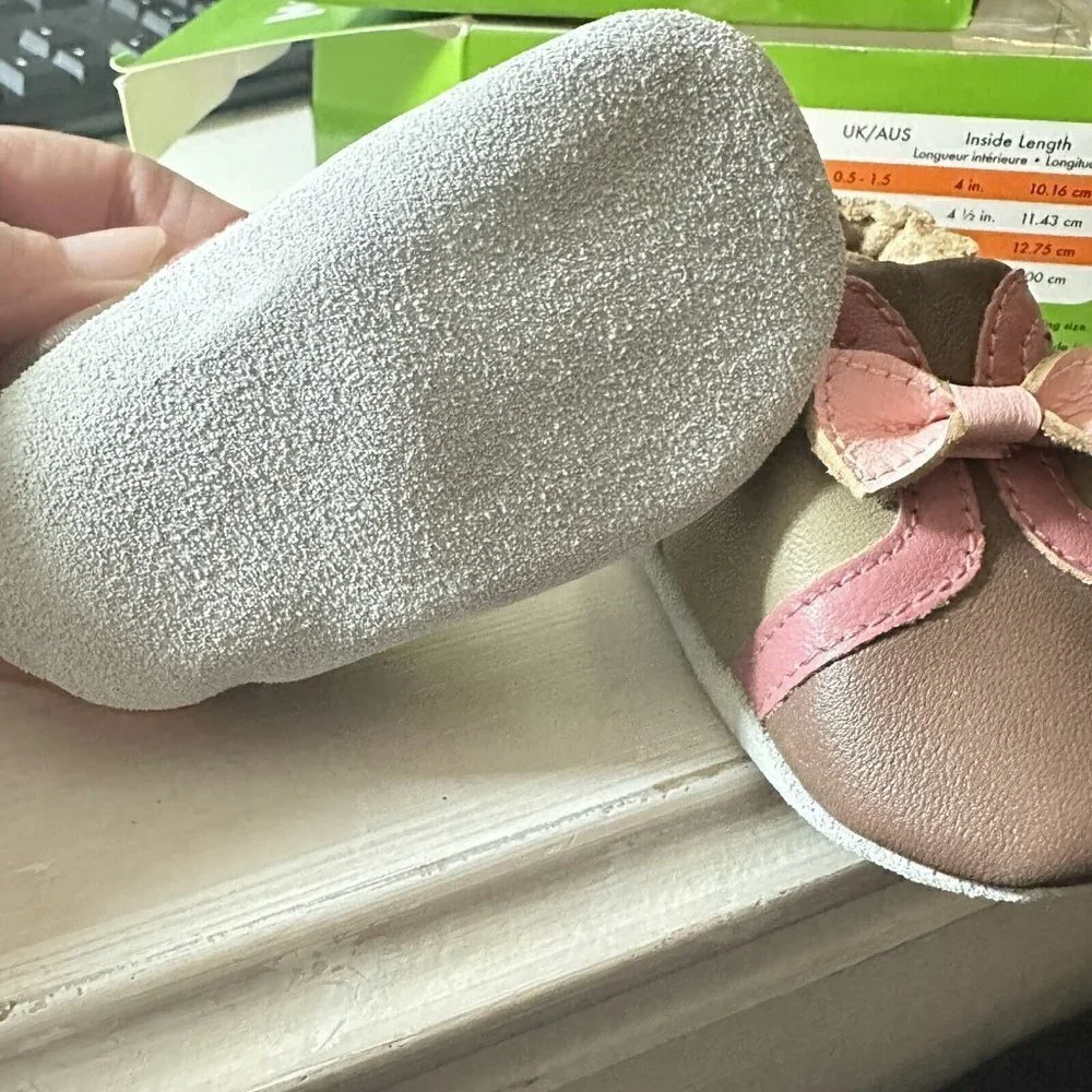 Momo Baby 0-6 Month Soft Sole Bootie Leather Baby Shoes Brown‎ And Pink Bow New